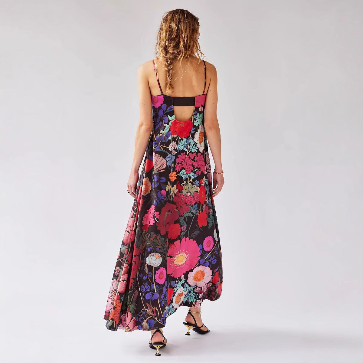 Strap-printed High-waist Belt A-line Dress