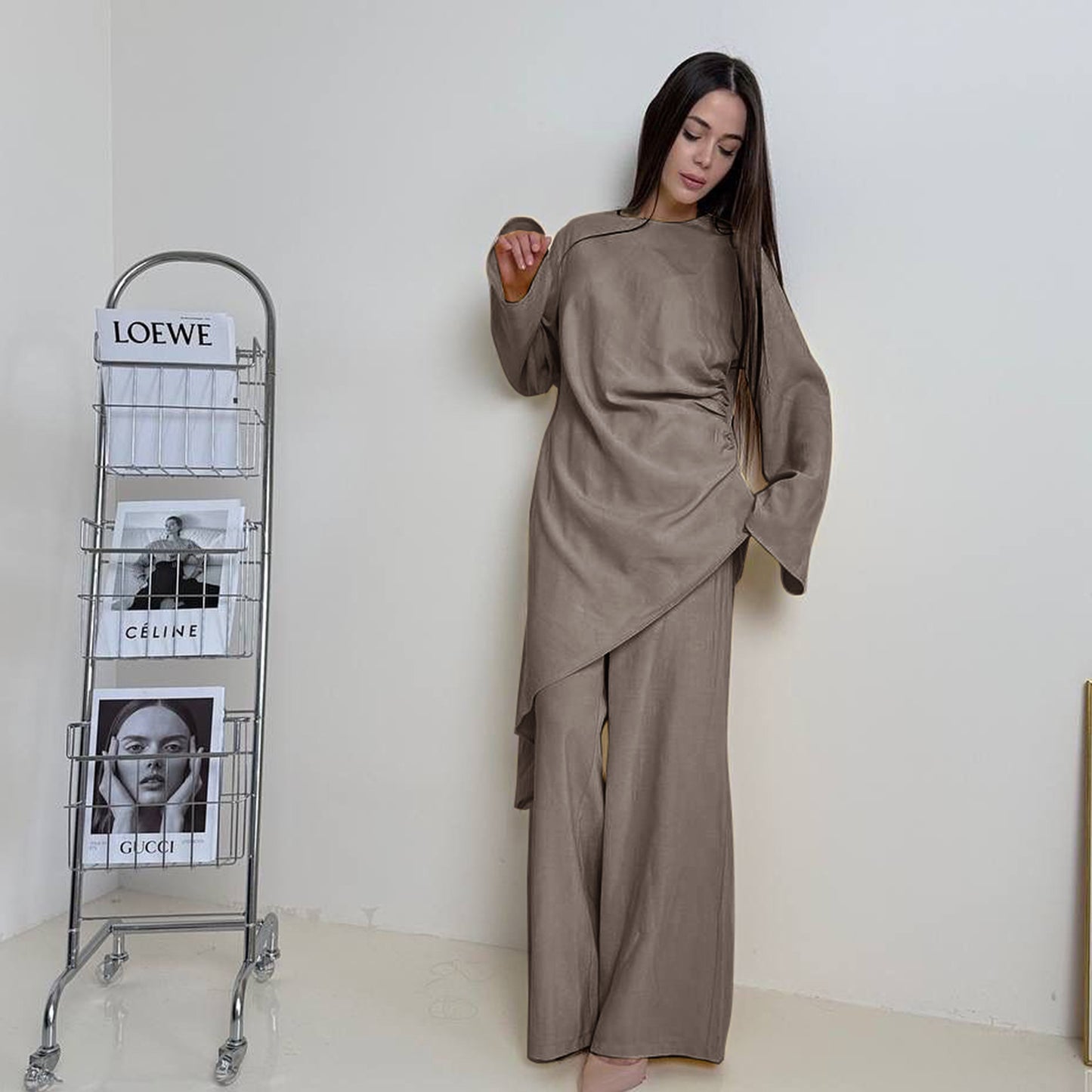 Women's Solid Color Casual East Long Shirt Two-piece Pants
