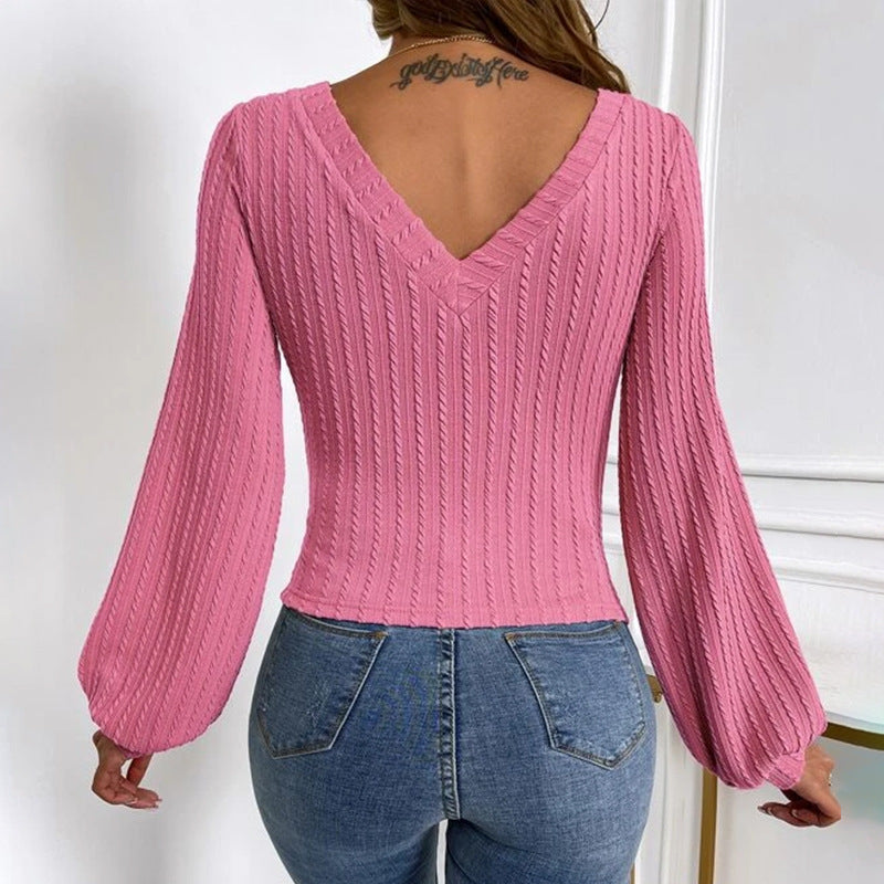 Women's Long-sleeved Shirt Tight Low Collar Lantern Sleeve Sweater