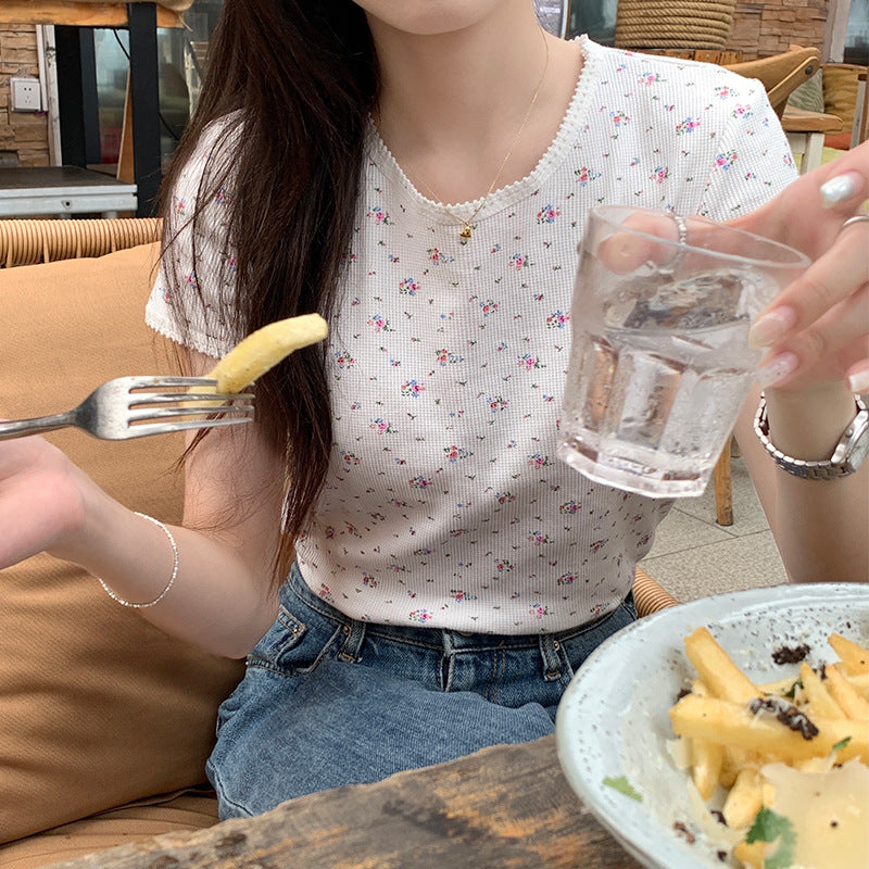 Floral Lace-collared Blouse Loose Round Neck Slim-fit Short Sleeve