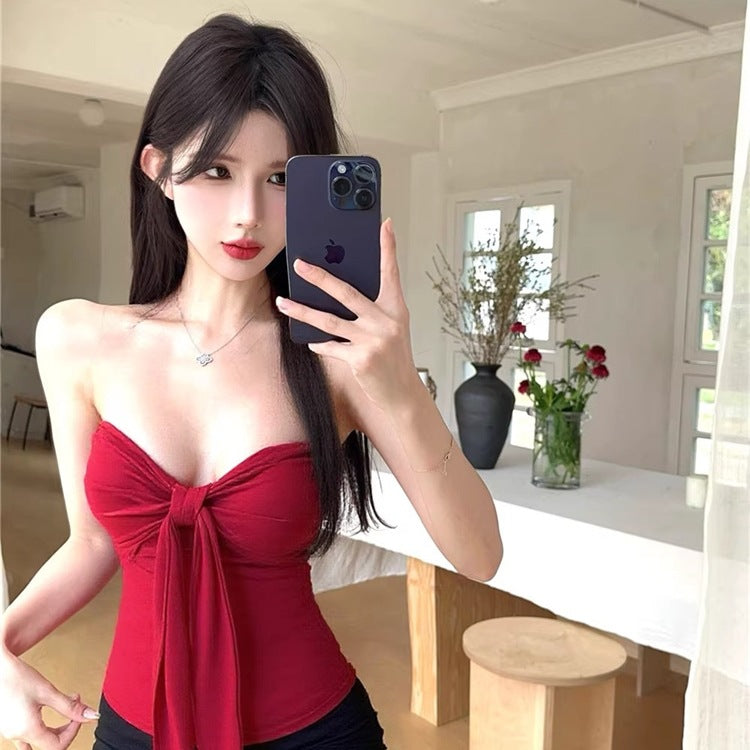 Womens Sleeveless Form-fitting Top With Tie Details For Outerwear