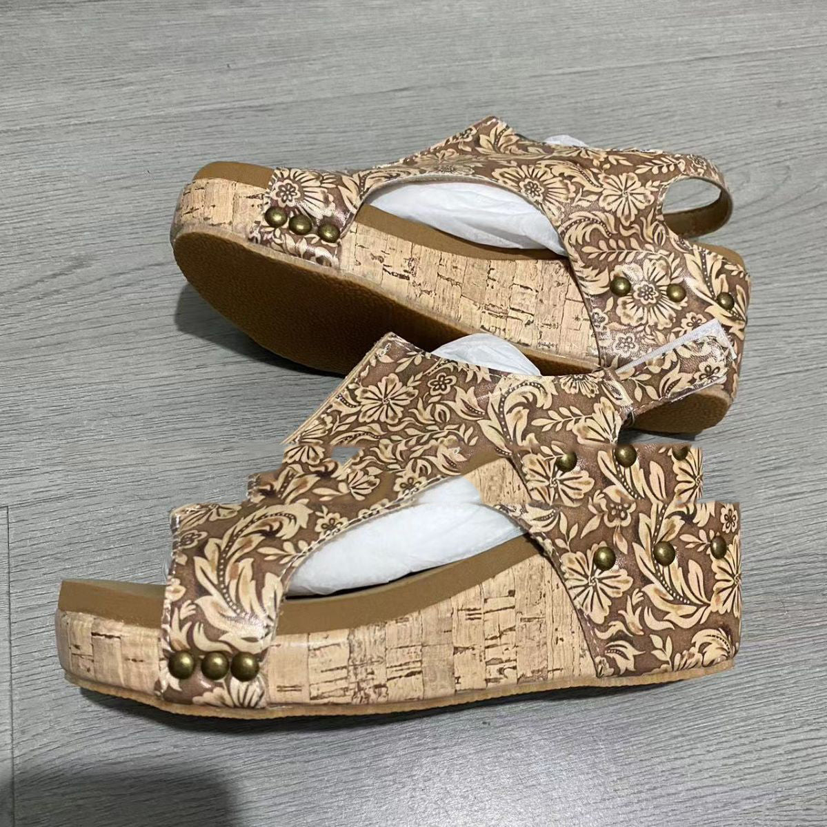 Retro Brown Pattern Large Size Wedge Sandals Platform High Heel