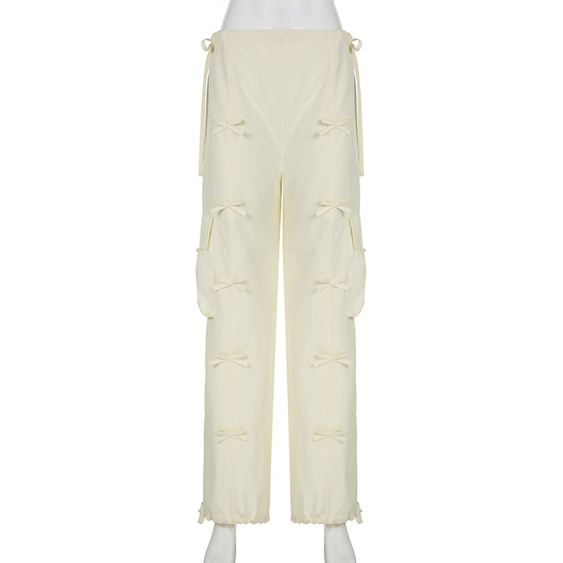 Bow Pocket Patchwork Overalls Straight-leg Trousers