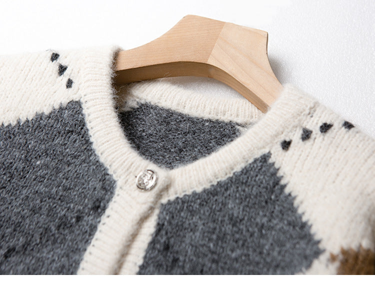 Women's Alpaca Geometric Contrast Color Knitted Cardigan Short Coat