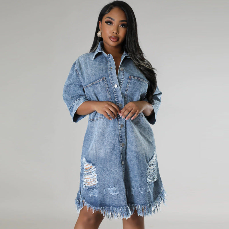 Denim Ripped Fringe Short-Sleeve Lapel Dress
