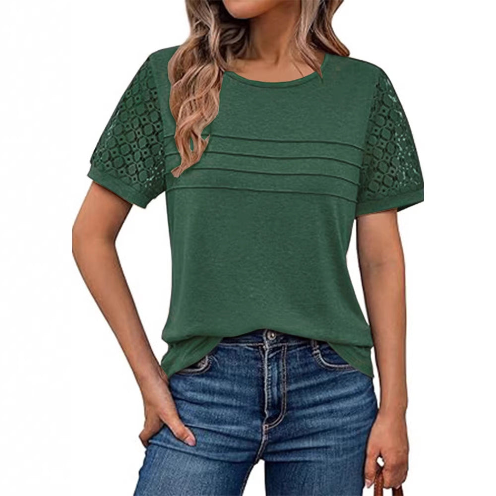 Round-neck Hollow-out Short-sleeve Elegant Loose-fitting
