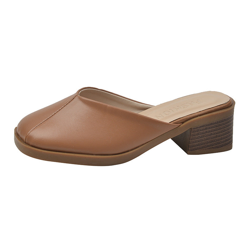 Square Toe Casual Mid Heel Half Outdoor Slippers