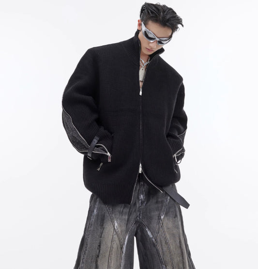 Metal Zipper Design Knitted Cardigan Sweater Belt Buckle Slicing Sweater Coat