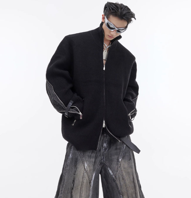 Metal Zipper Design Knitted Cardigan Sweater Belt Buckle Slicing Sweater Coat