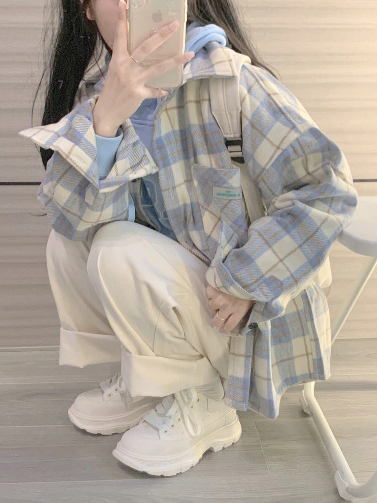 Female College Style Lazy Brushed Plaid Shirt