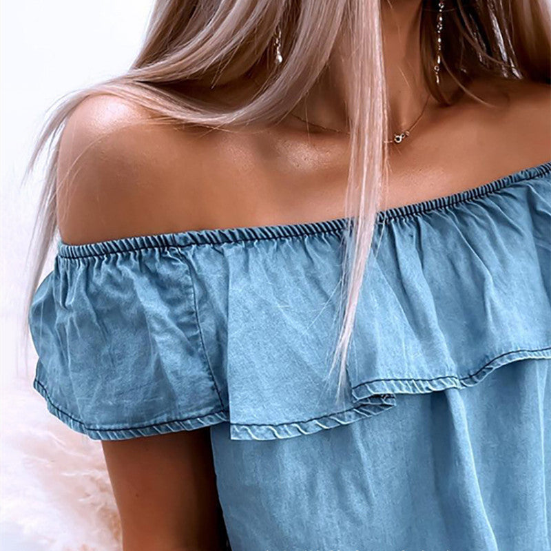 Women's New Blue Denim Ruffle Top