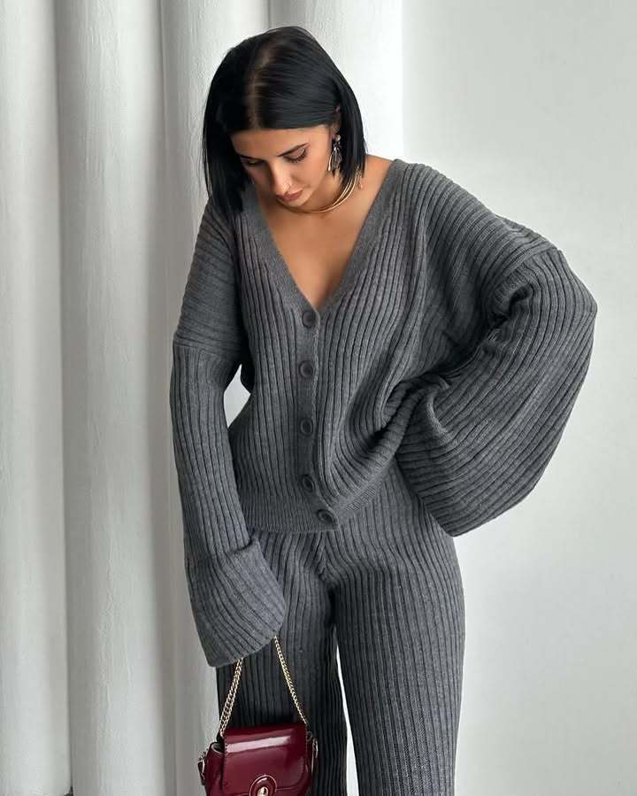 Casual Women's Solid Color Long Sleeve Button Cardigan Sweater Pants Set