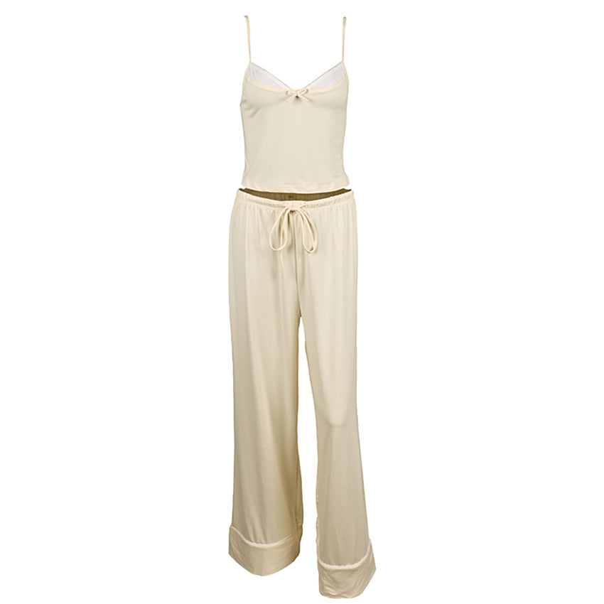 Patchwork Slip-style Long Pants With A Drawstring Waist And Bow Detail Set
