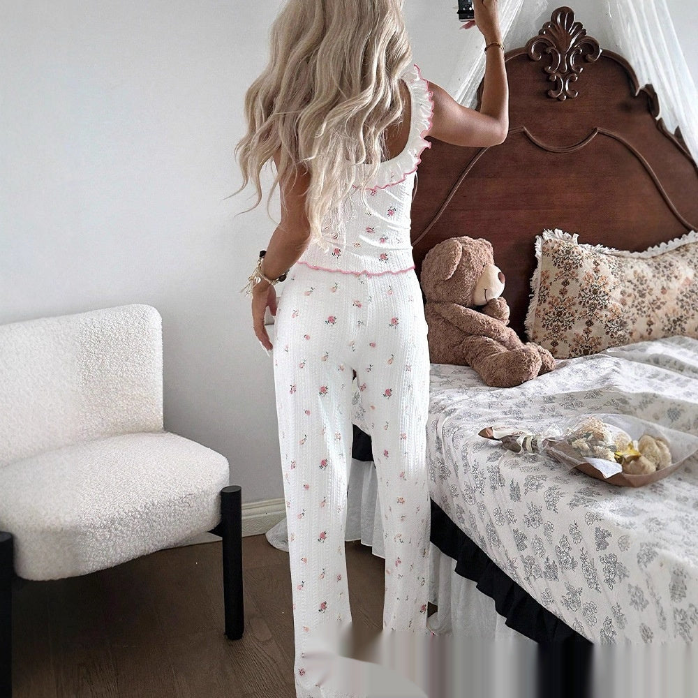 Ruffle Trimmed Sweetheart Neck Sleeveless Top And Pants Two Piece Set
