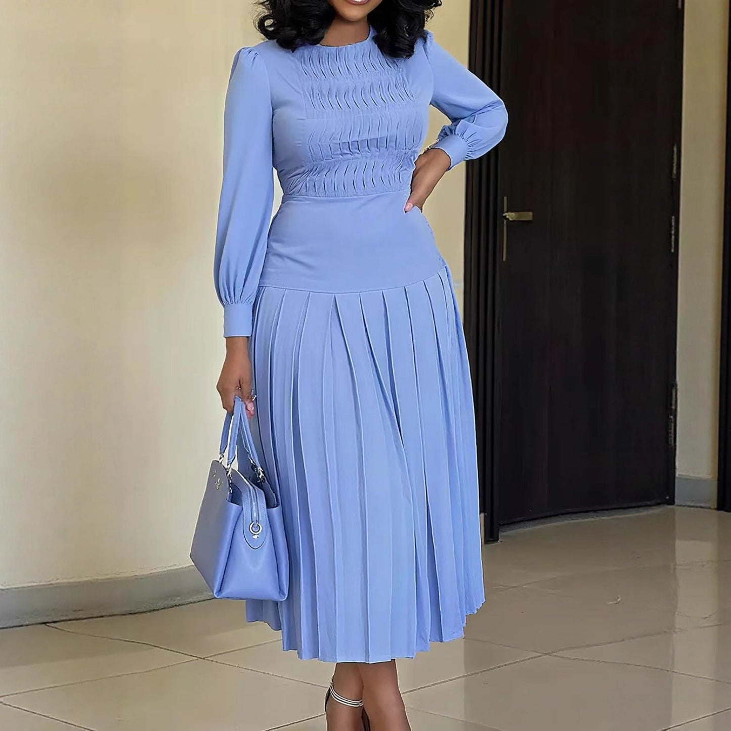 Fashionable Long-Sleeve Solid-Color Dress For Women