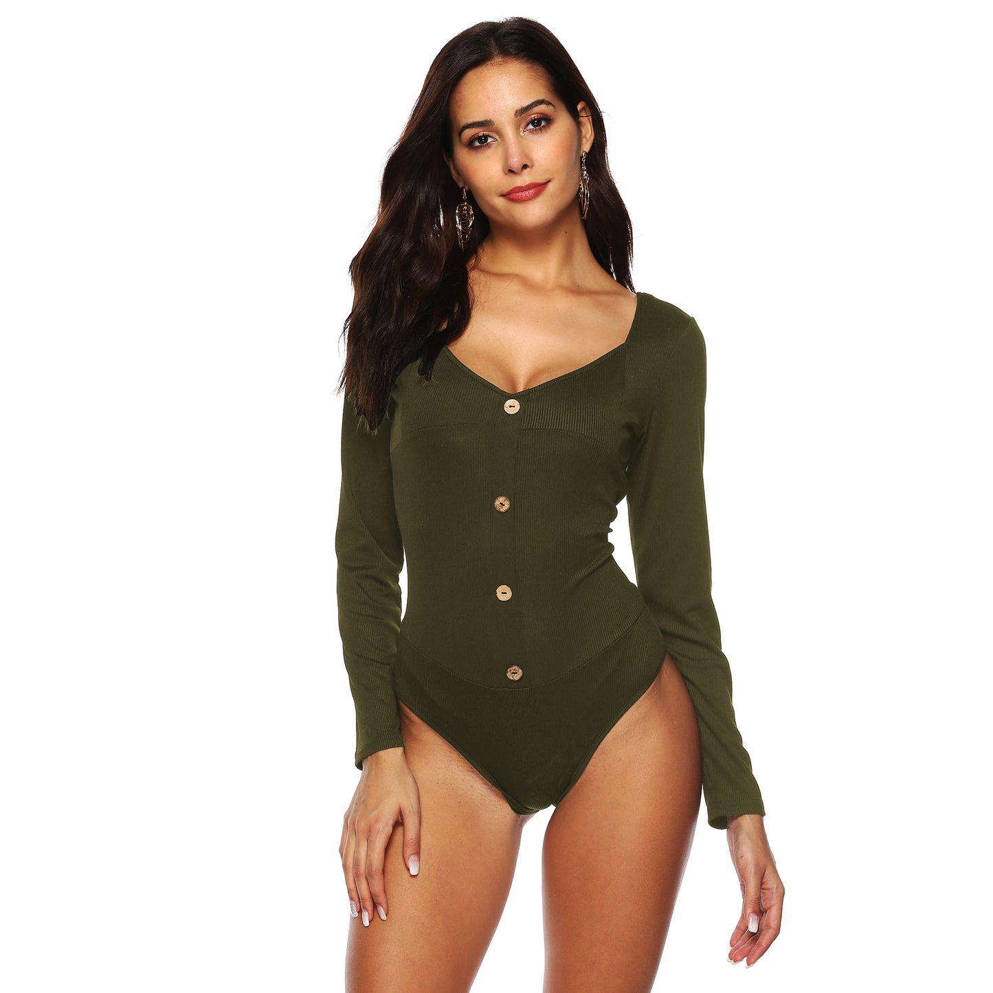Dame Langærmet Dybt U Åben Ryg Knap Jumpsuit Indertrøje