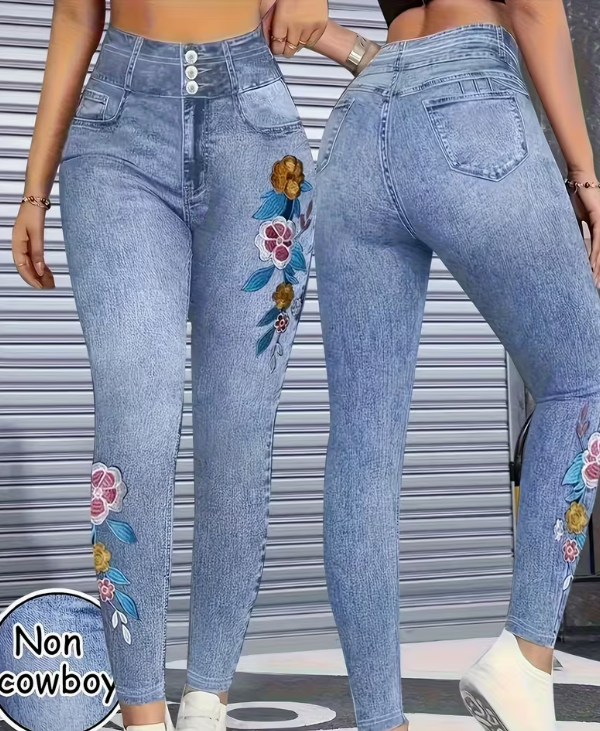 Høj Elasticitet Maskinvaskbare Faux Denim Blomsterjeans