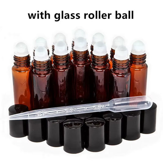 12Pcs 10Ml Amber Empty Refillable Glass Perfume Roll on Bottle with Stainless Steel Roller Ball for Essential Oil Aromatherapy