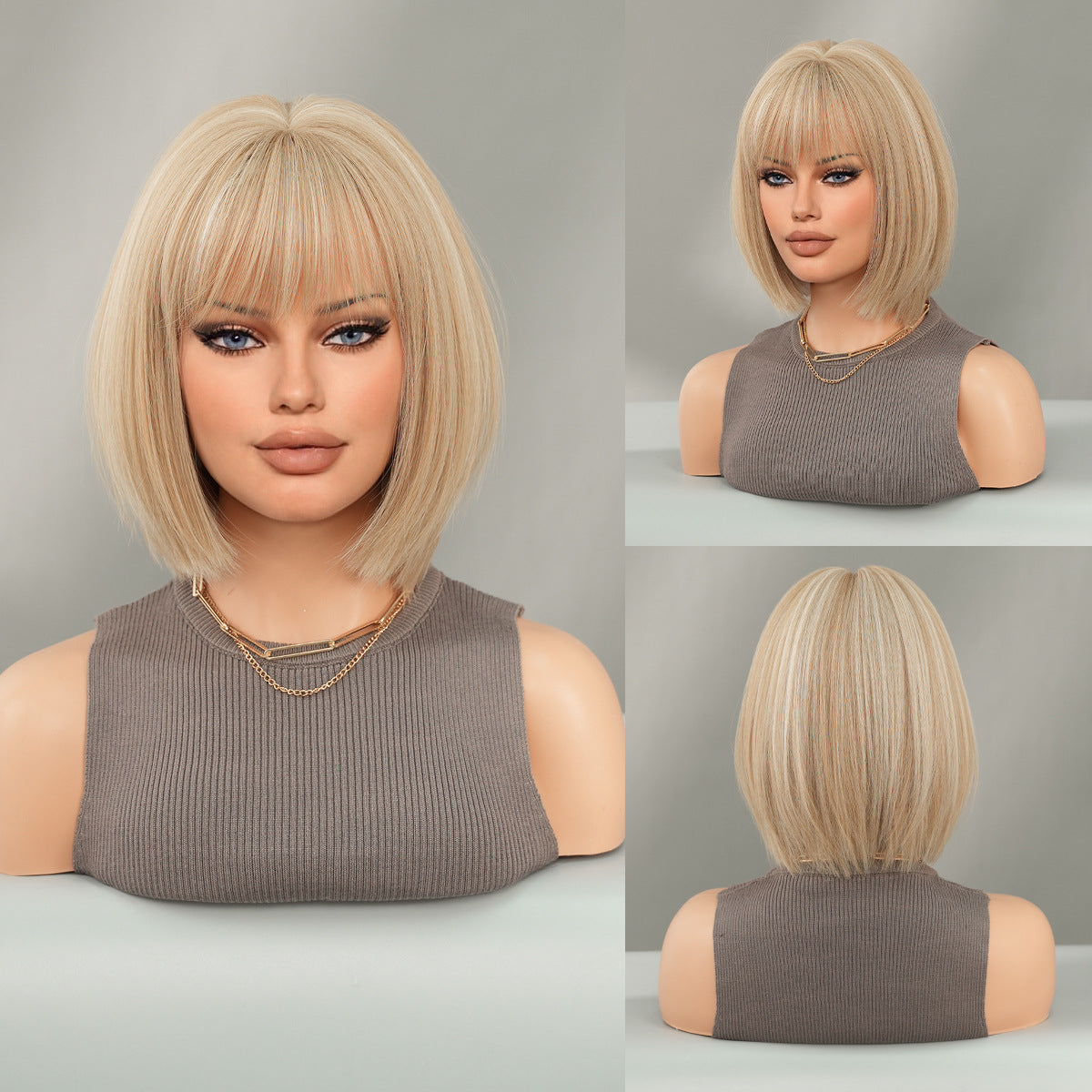 Black Short Hair Bobhaircut Straight Bangs Chemical Fiber Wig