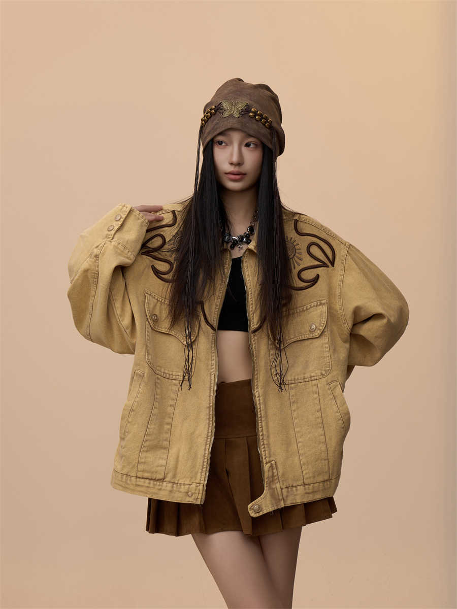 Vintage Embroidery Washed Heavy Weight Denim Coat Jacket