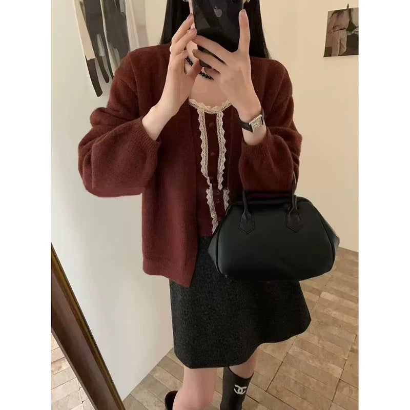 Women's Solid Color Sweater Cardigan Two-piece Suit