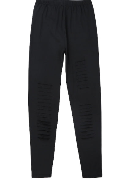 Black Solid Color High Waist Ripped Leggings
