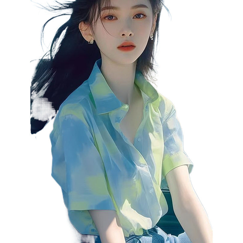 Green Tie-dyed Short-sleeved Shirt Summer Loose High-end