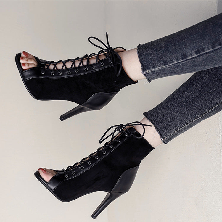 Hollow Thin Heel High Lace Up Short Boots