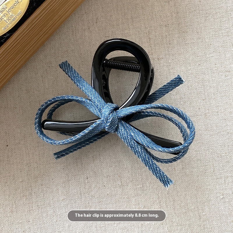Back Head Blue Denim Bow Barrettes