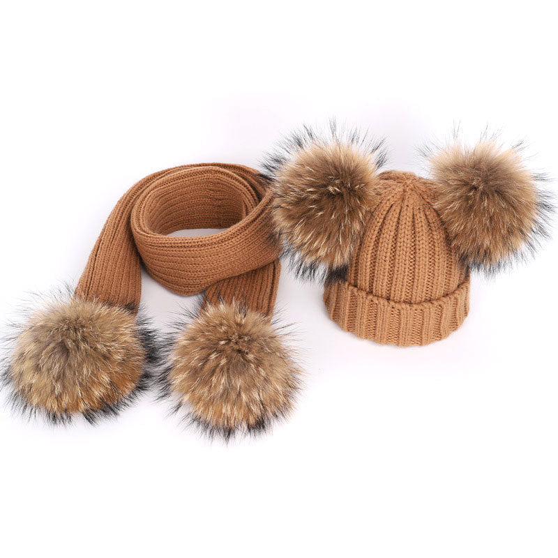 Men's And Women's Thickened Raccoon Fur Ball Knitted Ear  Set