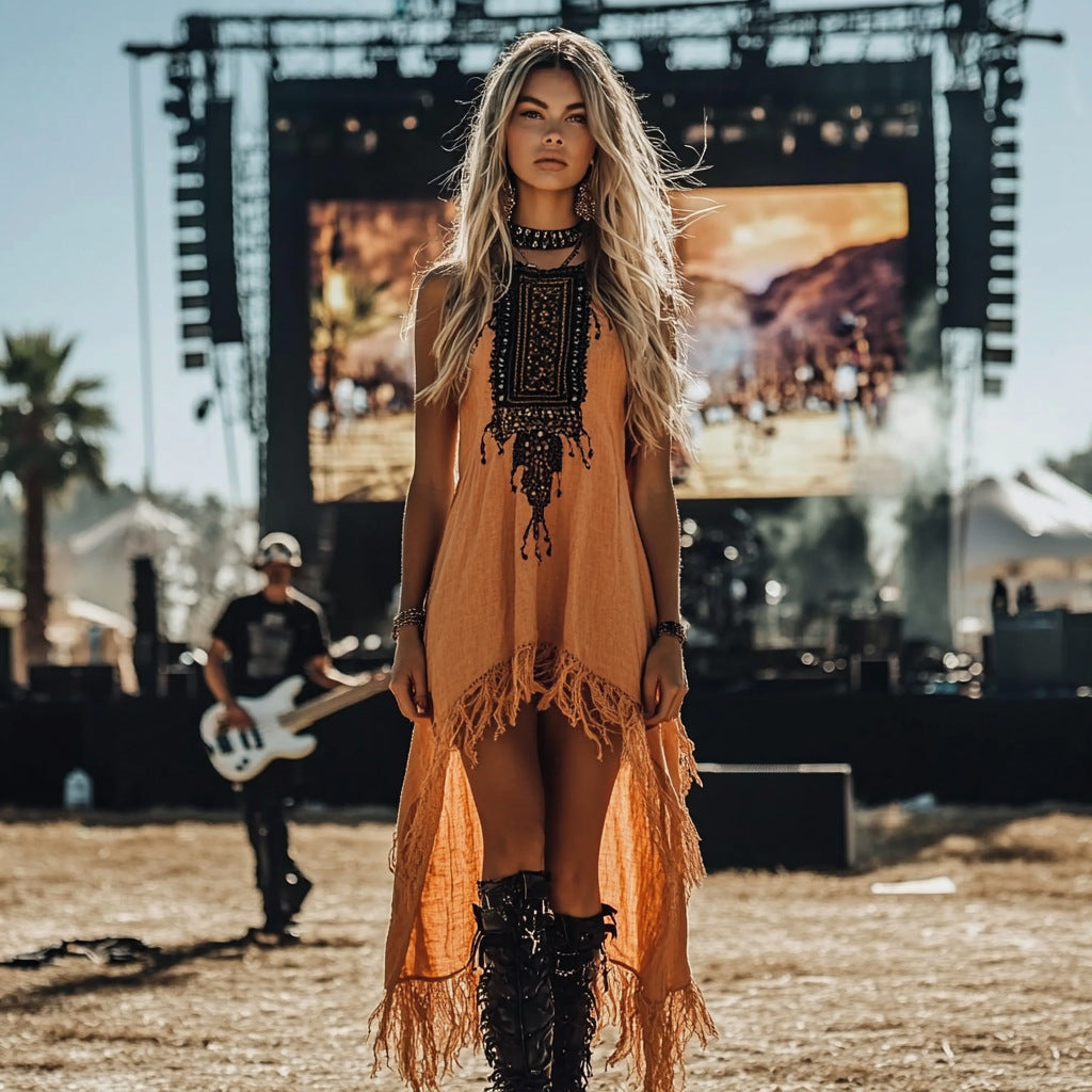 Denim-style Casual Patchwork Fringed Dress