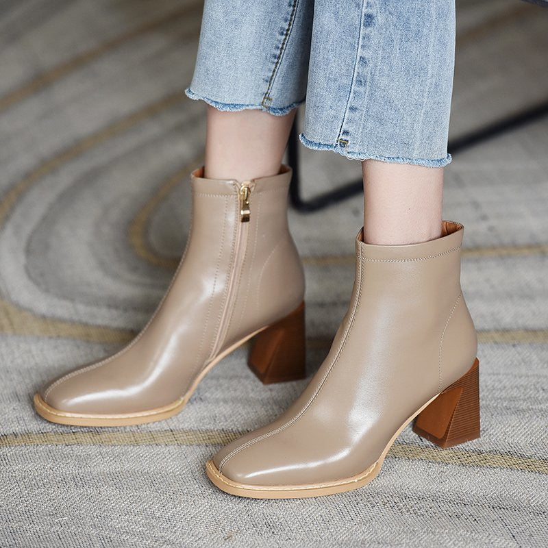 Square Toe High-heeled Women's Boots Plus Velvet Nude Short