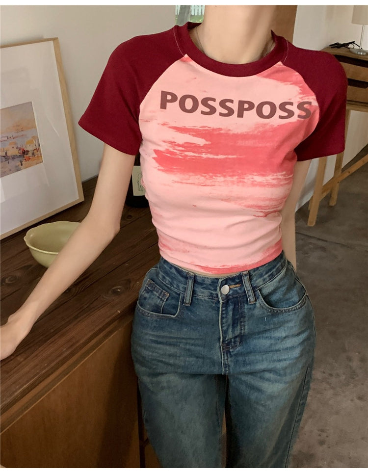 Contrast Color Round Neck Short Raglan Short Sleeve