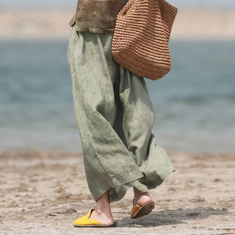 Summer Cotton-linen Loose-fitting Lightweight Capri Wide-leg Pants