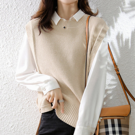 Womens Knitted Crew-Neck Vest Casual Loose-Fit Sleeveless Waistcoat