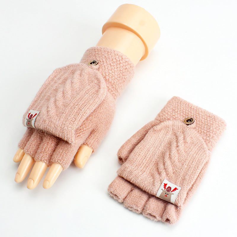 Thin Woolen Knitted Solid Color Clamshell Half-Finger Gloves