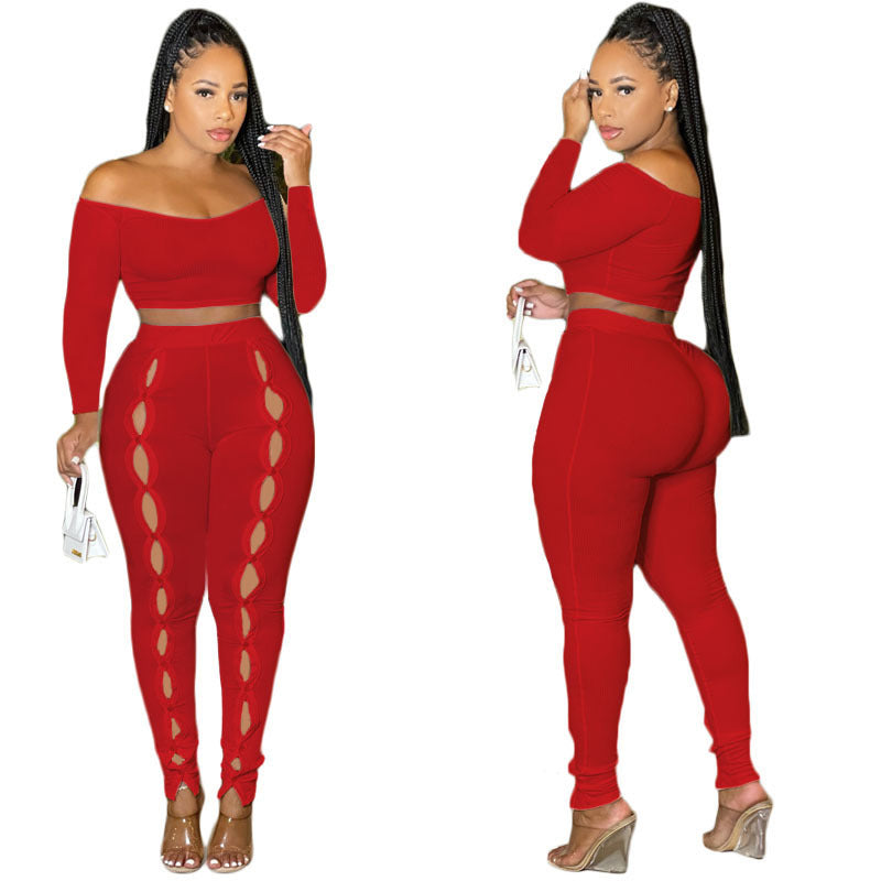 Solid Color One Line Shoulder Wispy Empty Crop Two-piece Set