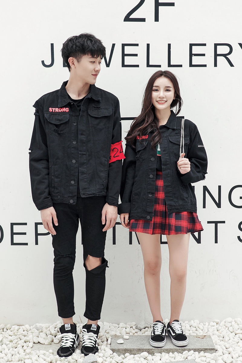 Couples Korean version of the cotton washed denim hole long sleeve jacket
