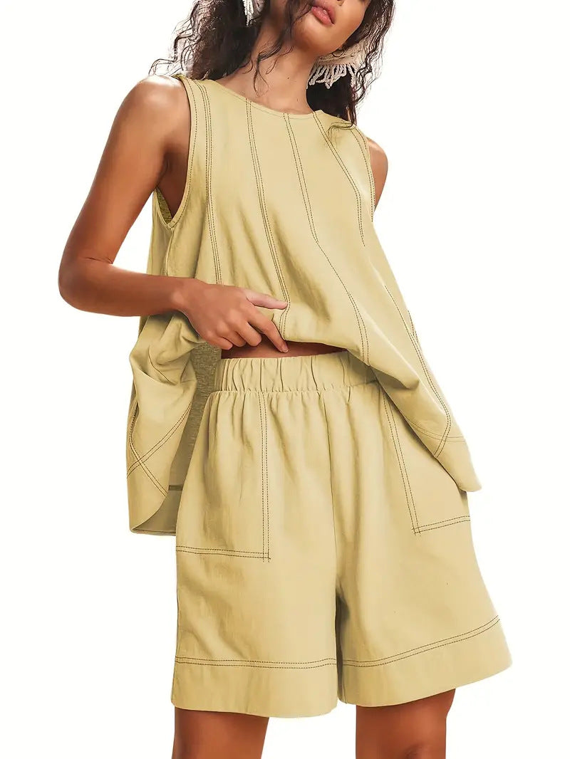 Solid-Color Elegant Crew-Neck Tank Top And Wide-Leg Shorts Set For Women