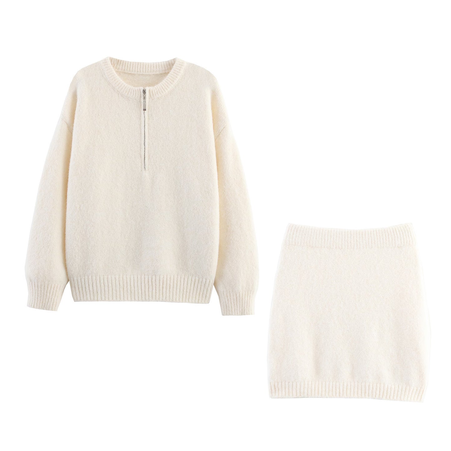 Round Neck Half Long-sleeve Zipper Top Short Skirt Knitting Suit