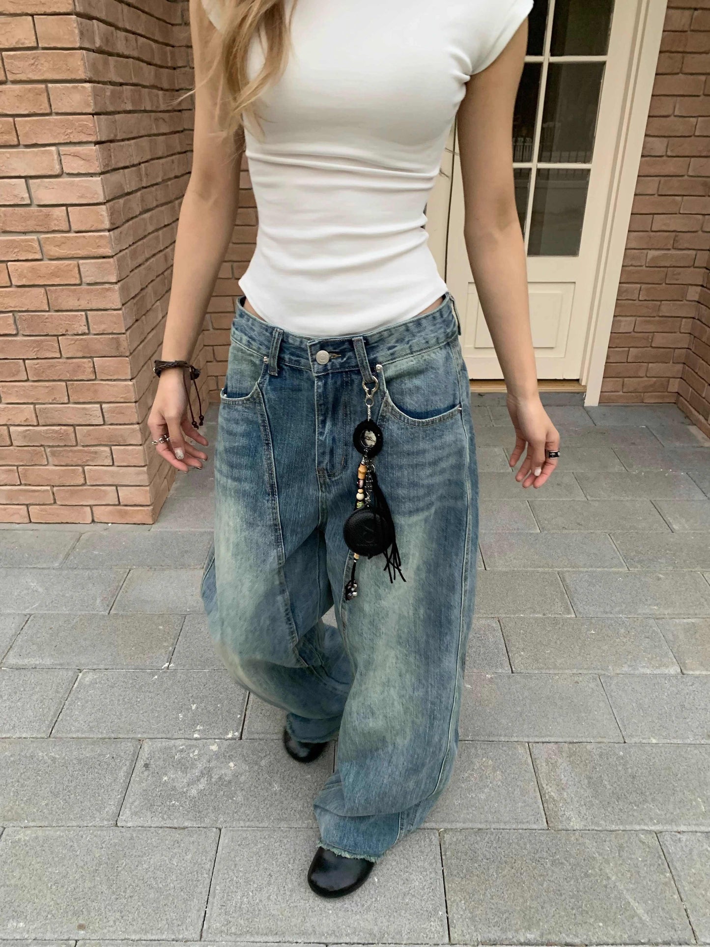 Retro Patchwork Design Wide Leg Jeans Casual Mopping Trousers