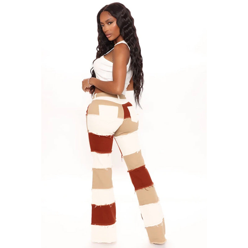 Flow Fashion Patchwork High Waist Tight Hip Horn Women's Denim Trousers
