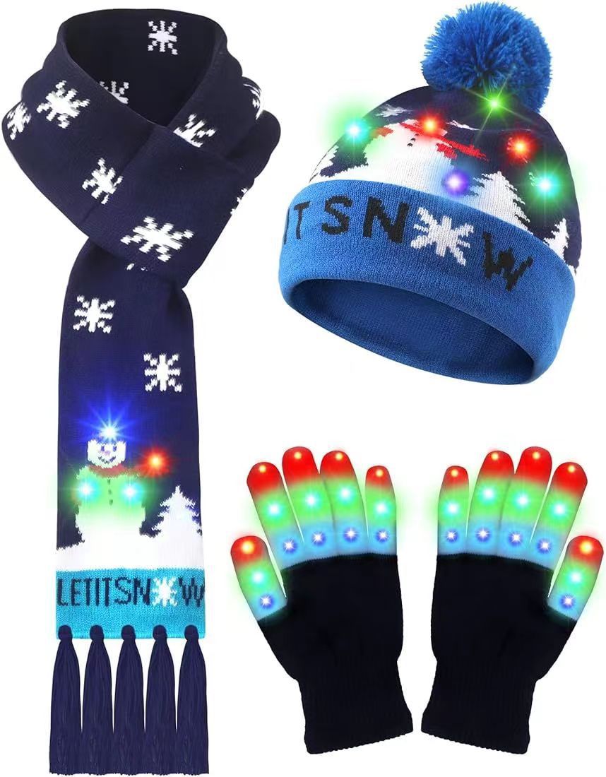 LED Christmas Knitted Hat Scarf Gloves Three-piece Set