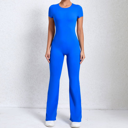 Bare Back Short Sleeve Nude Feel Yoga Outer Wear Fitness Sports Jumpsuit