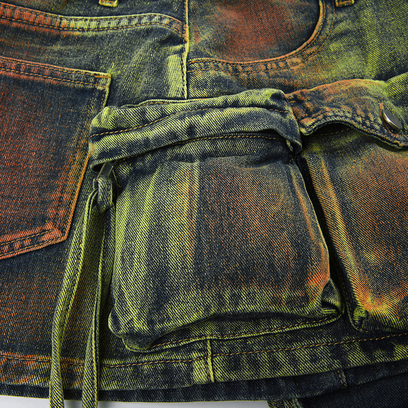 Women's Fashion Color Contrast Washing Tooling Denim Skirt