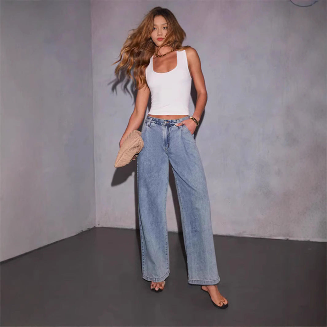 Slimming And Straight Versatile Retro Draping Mid-waist Wide-leg Jeans
