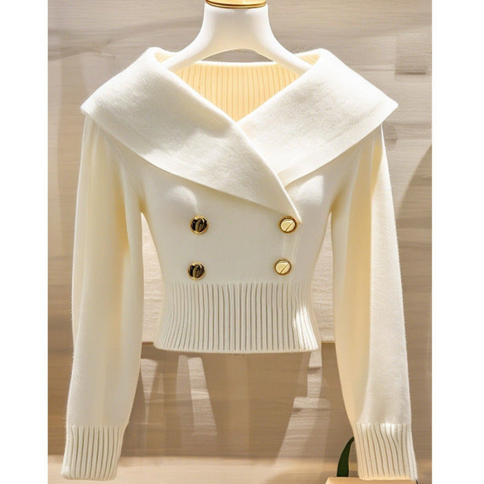 Women's Polyester Lapel Slim Sweater Sweater
