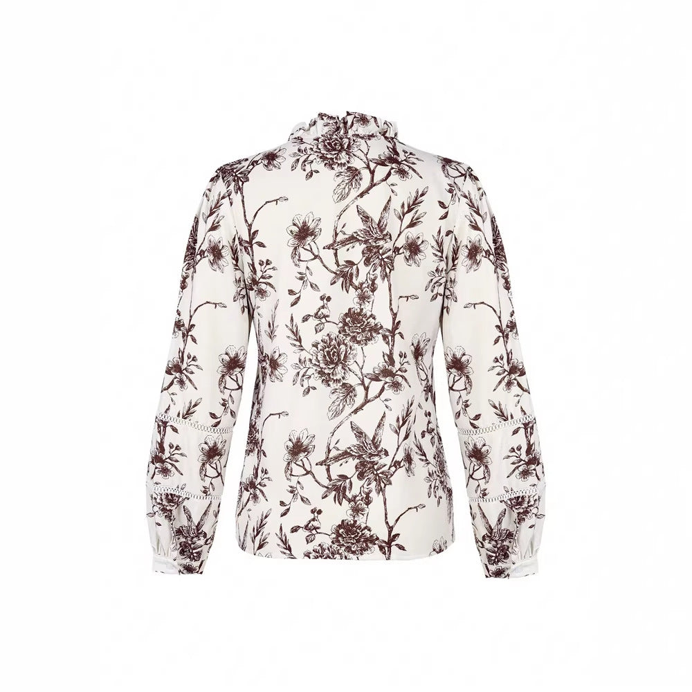 Elegant Womens Printed V-neck Blouse With Buttons And Puff Sleeves