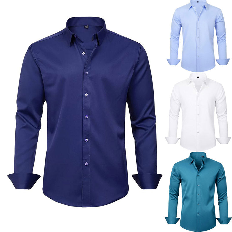 Men's Slim-fit Long-sleeve Solid Color Simple Business Casual Shirt