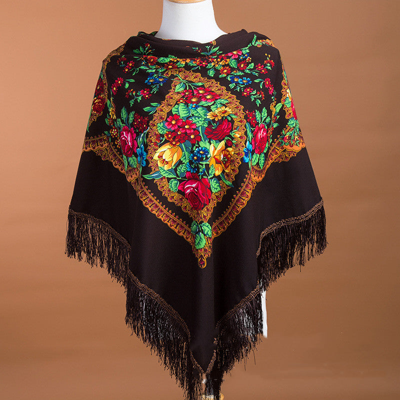 Large Square Scarf Shawl With Ethnic Print Tassels To Keep Warm